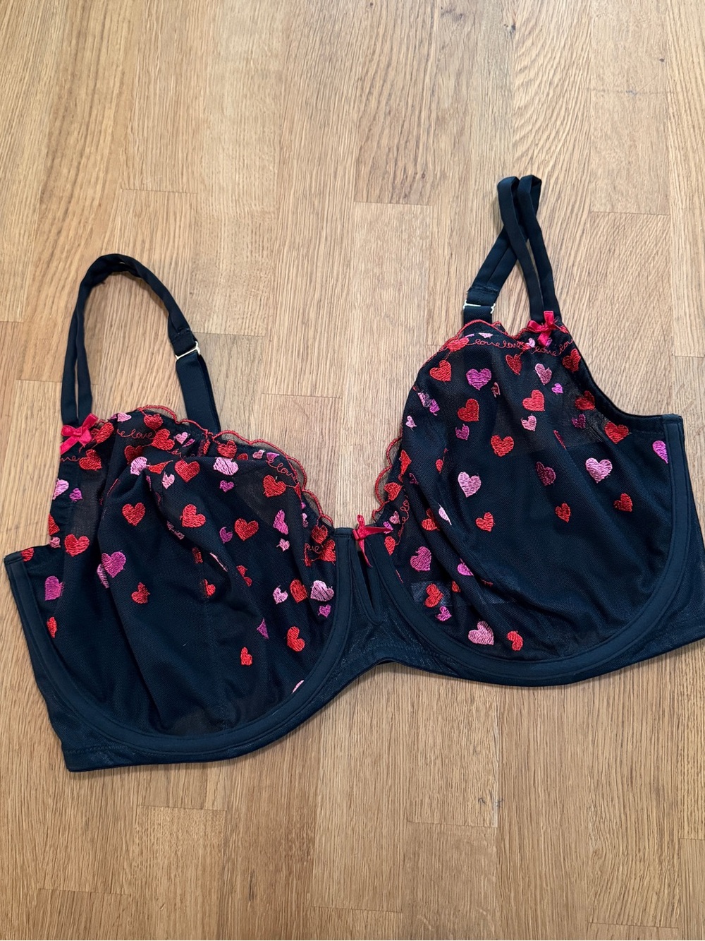 Cacique 42G Black Red Pink Embroidered Hearts Unlined Underwire Balconette Bra